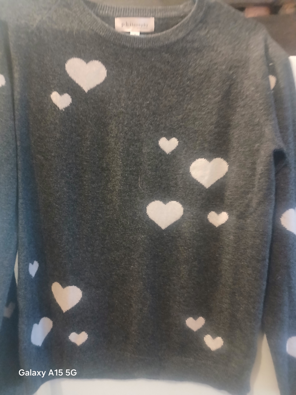 philosophy gray sweater with white heart pattern